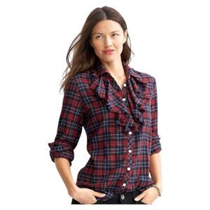 BANANA REPUBLIC Womens MEDIUM Petite Plaid Ruffle Front Flannel Button Up Shirt